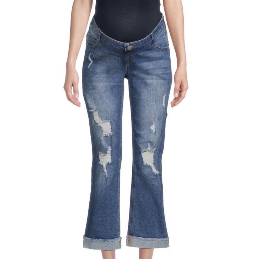 NWT Time & Tru Womens L(12-14) Cropped Distressed Maternity Boyfriend Jeans